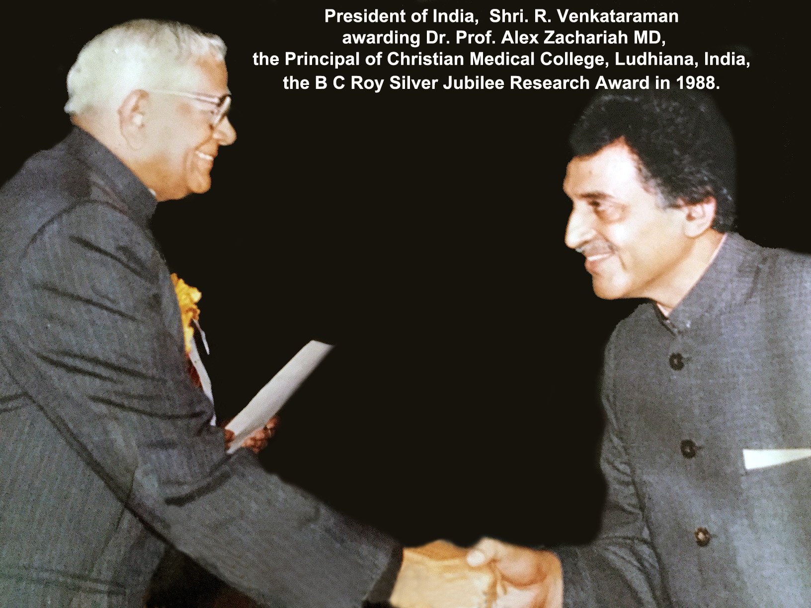 President of India, Shri R. Venkataraman, presenting Dr. Prof. Alex Zachariah MD, Principal of Christian Medical College, Ludhiana, the B C Roy Silver Jubilee Research Award in 1988